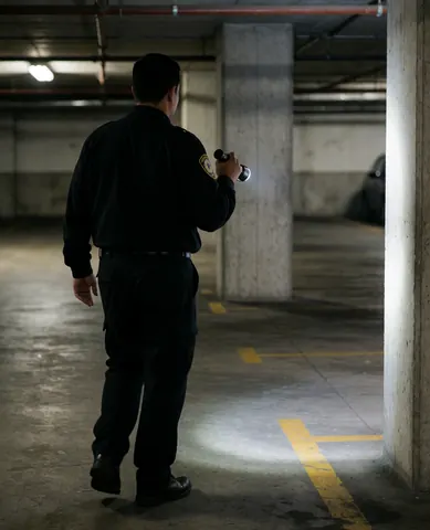 Security guard walking in an underground garage with concrete pillars and yellow lines, realistic and professional scene
