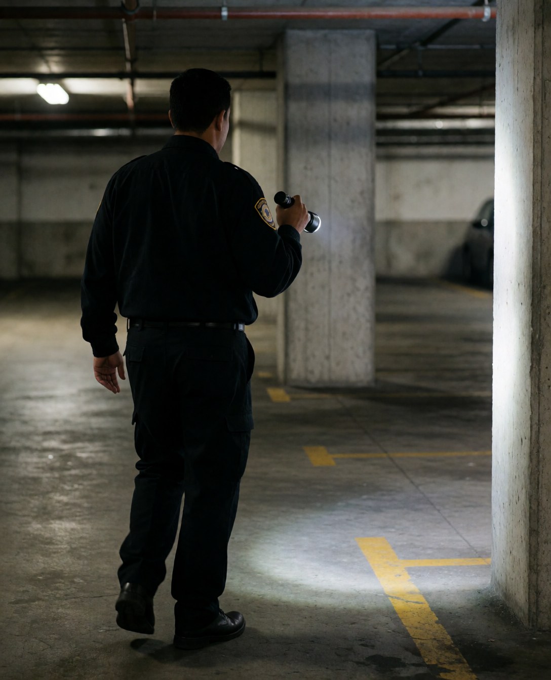 Security guard walking in an underground garage with concrete pillars and yellow lines, realistic and professional scene