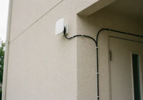 White Wi-Fi antenna installed on a beige stucco wall with black cable secured by clips near a door, showing professional and clean exterior installation.