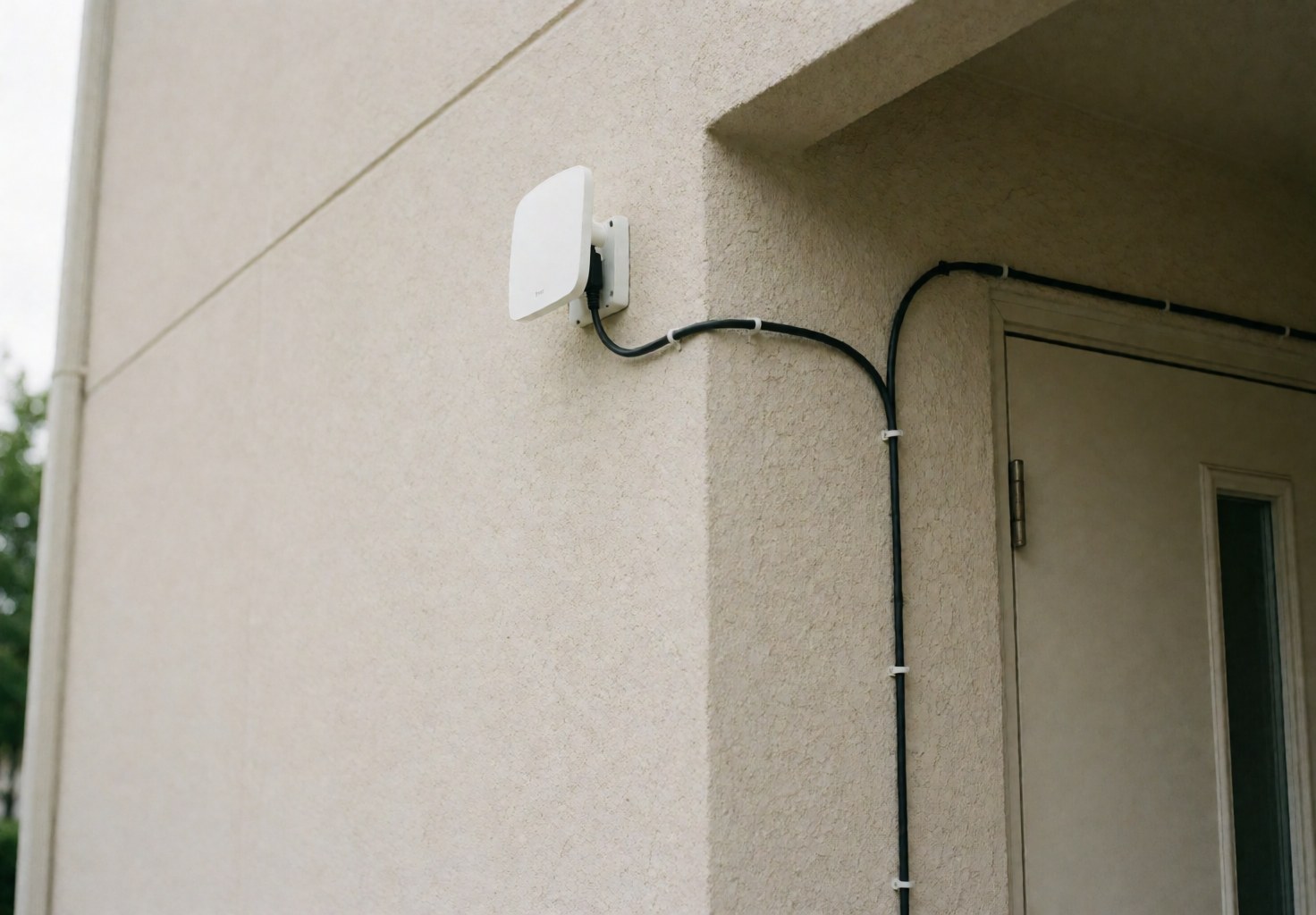 White Wi-Fi antenna installed on a beige stucco wall with black cable secured by clips near a door, showing professional and clean exterior installation.