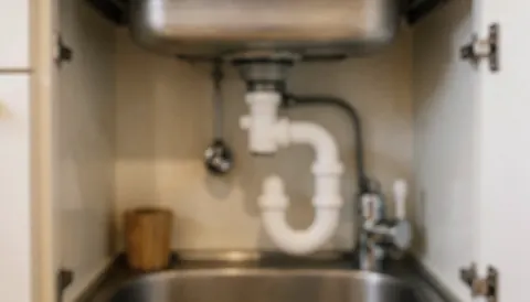 Blurred background of under-sink pipes, faucet, and utensils suitable for pipe repair text overlays
