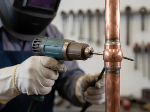 Close-up of a worker wearing a welding helmet and gloves soldering a copper pipe joint with tools visible in the background.
