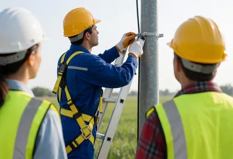Technician in blue uniform and yellow helmet installs cable on metal pole while two colleagues observe nearby in an outdoor green field setting.