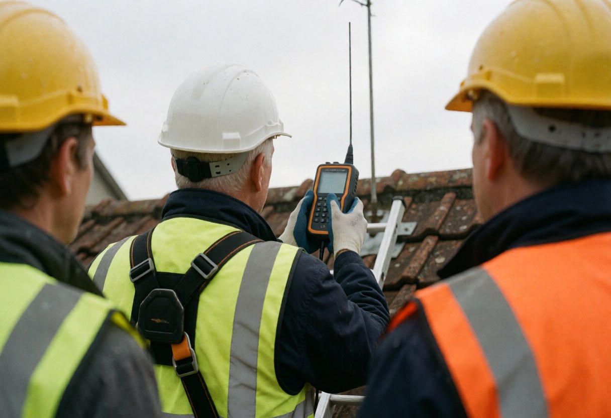 Technician on roof with testing equipment while two others observe, all wearing helmets and reflective vests on a cloudy day