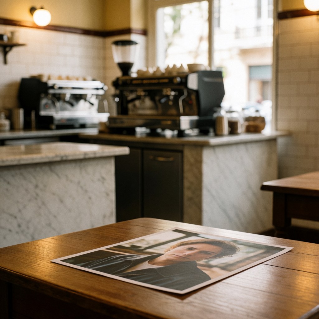 A printed portrait photo resting on a wooden table in a cafe with vintage coffee machines and warm natural light