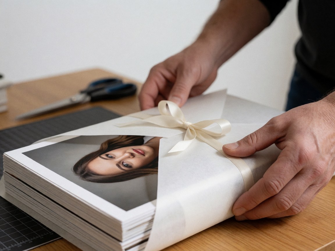 Hands wrapping a stack of photos in protective paper with white tape on a wooden table with scissors and a cutting mat