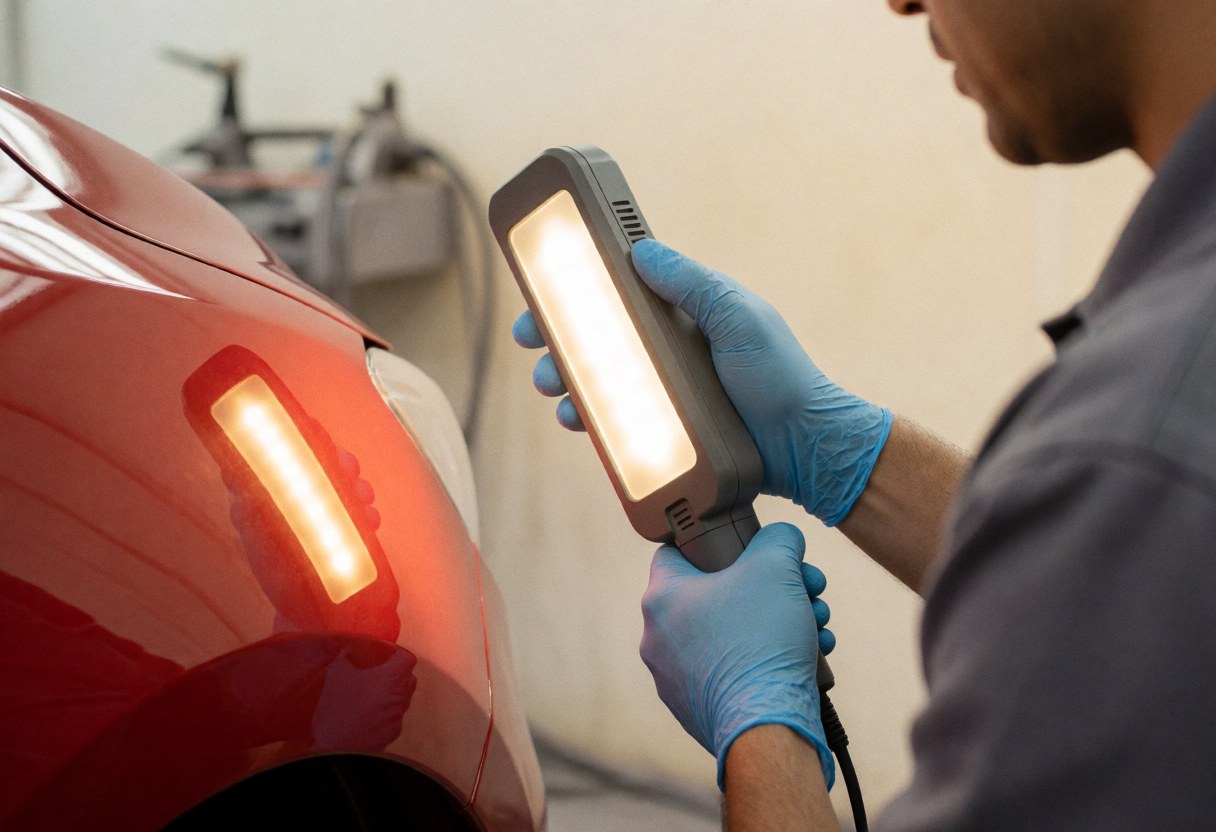 A technician wearing blue gloves inspects the paint finish on a red car using an LED flashlight in a workshop.