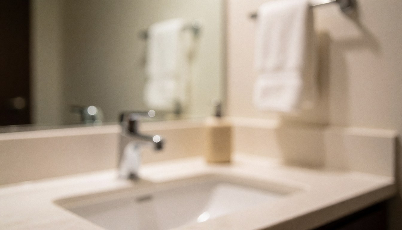 Warmly lit bathroom background featuring a faucet, mirror, and white towel, suitable for commercial text overlays