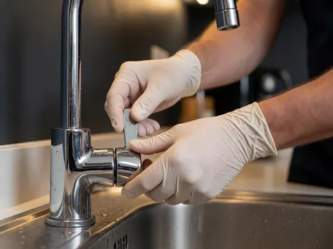 Gloved hands tightening a chrome kitchen faucet in a modern kitchen with gray walls and warm lighting