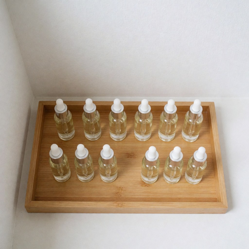 Ten essential oil bottles with droppers arranged in two rows on a light wooden tray against a white background