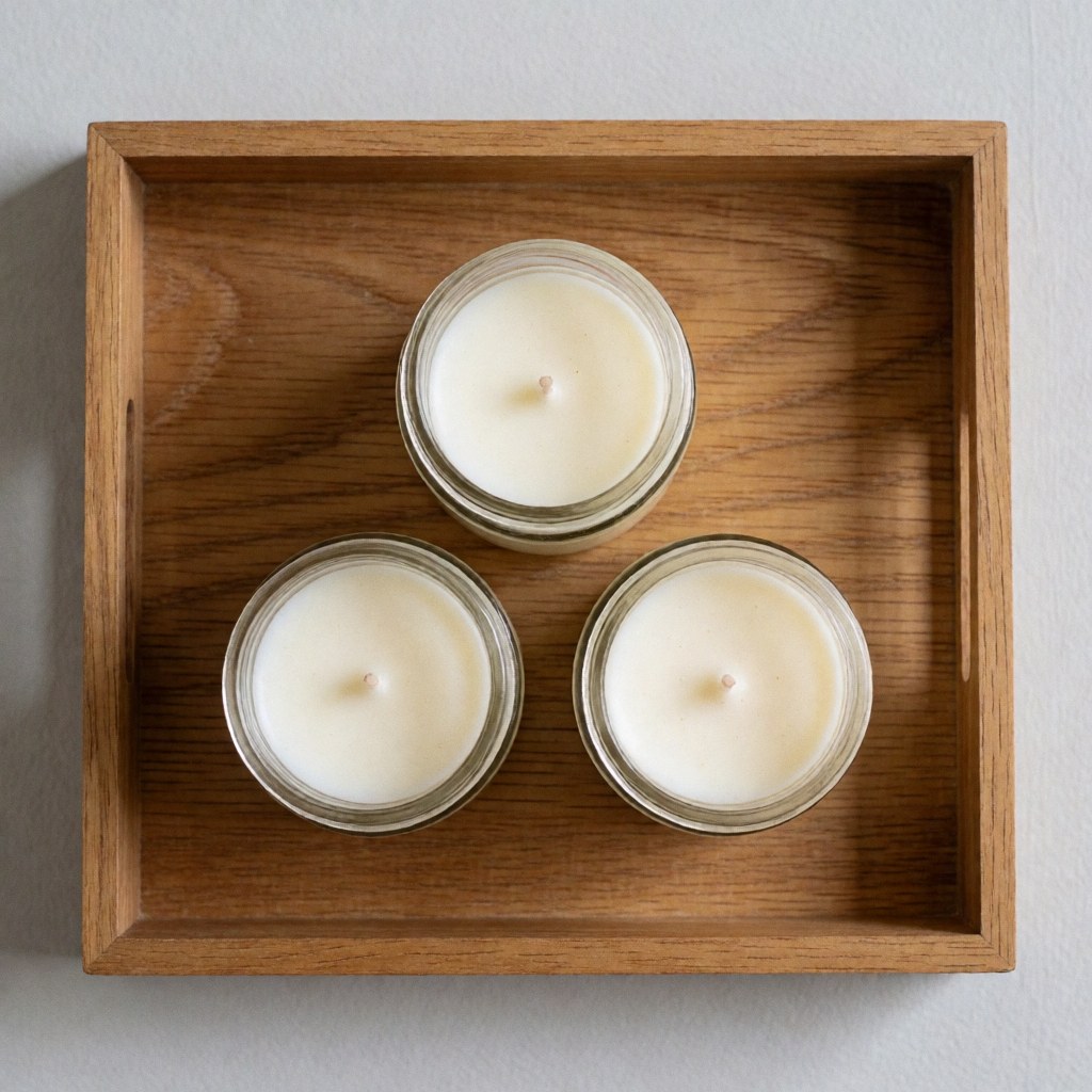 Three white wax massage candles in glass containers on a wooden tray, illuminated by soft natural light, ideal for spa or therapy settings