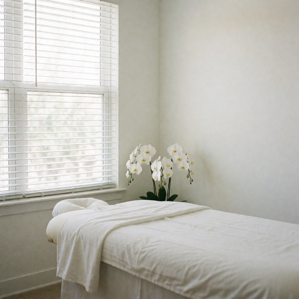 Minimalist massage room featuring a white table, white orchids, and natural light coming through white blinds