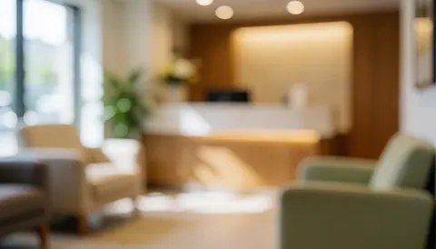 Soft waiting area with sofas, reception desk, and natural light, ideal for massage therapy websites