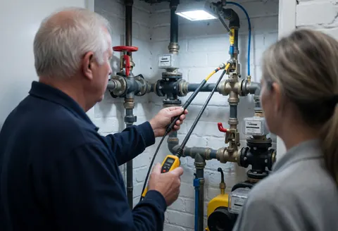 Technician checking pipes with a gas detector in a utility room with white brick walls, tools and valves visible.