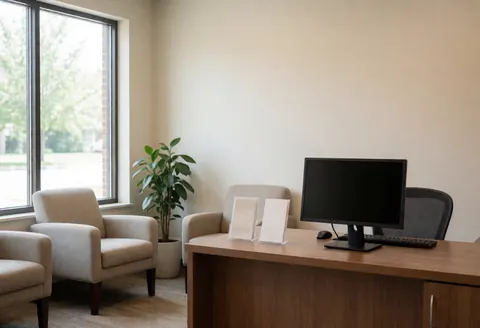 Clean and professional spa reception featuring comfortable chairs, a computer, plants, and a window for waiting clients.