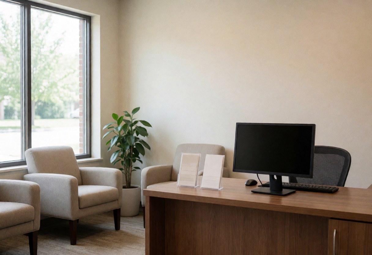 Clean and professional spa reception featuring comfortable chairs, a computer, plants, and a window for waiting clients.