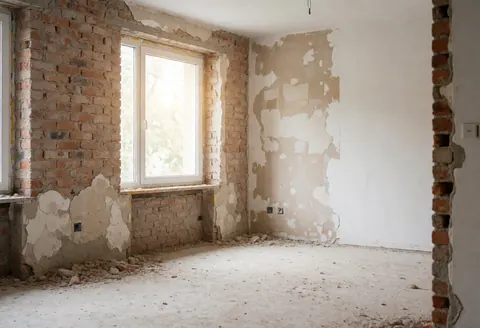 Room with exposed brick walls, dusty floor, and natural light entering through windows, suitable for construction and masonry businesses.