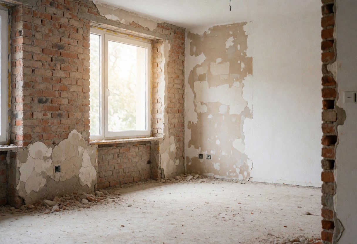 Room with exposed brick walls, dusty floor, and natural light entering through windows, suitable for construction and masonry businesses.