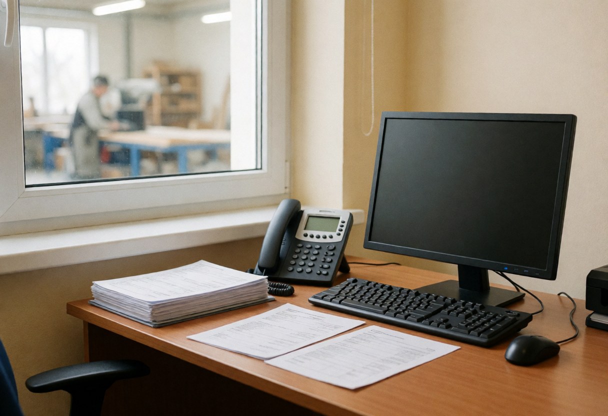 Wooden office desk with computer, phone, invoices, and view to workshop. Beige walls, natural light.