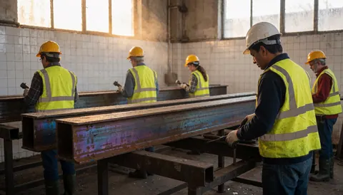 Workers wearing helmets and reflective vests welding metal beams in an industrial workshop with natural light and heat discoloration