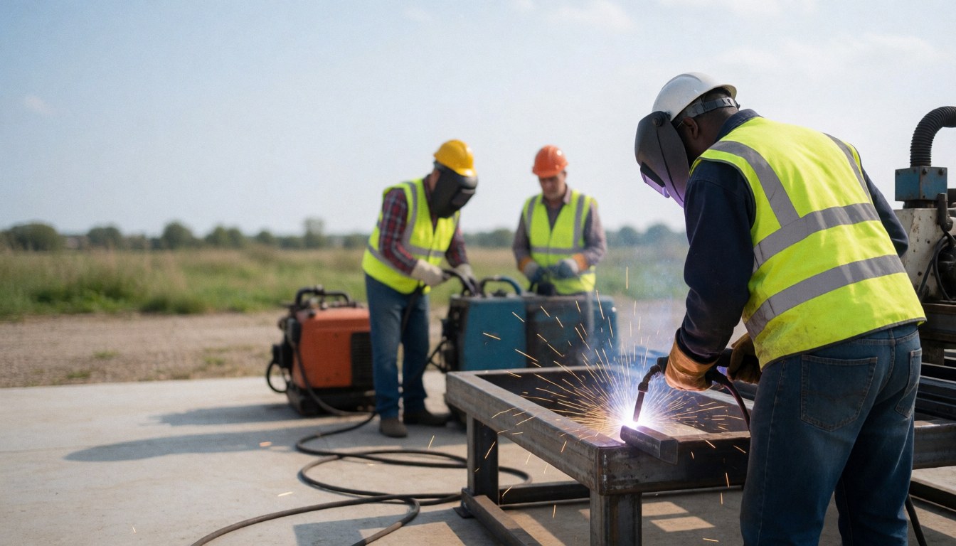 Three welders in safety gear welding a metal structure on a concrete platform with sparks flying under natural light