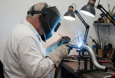 Professional welder wearing helmet and gloves welding curved pipe with bright electric arc in industrial workshop setting