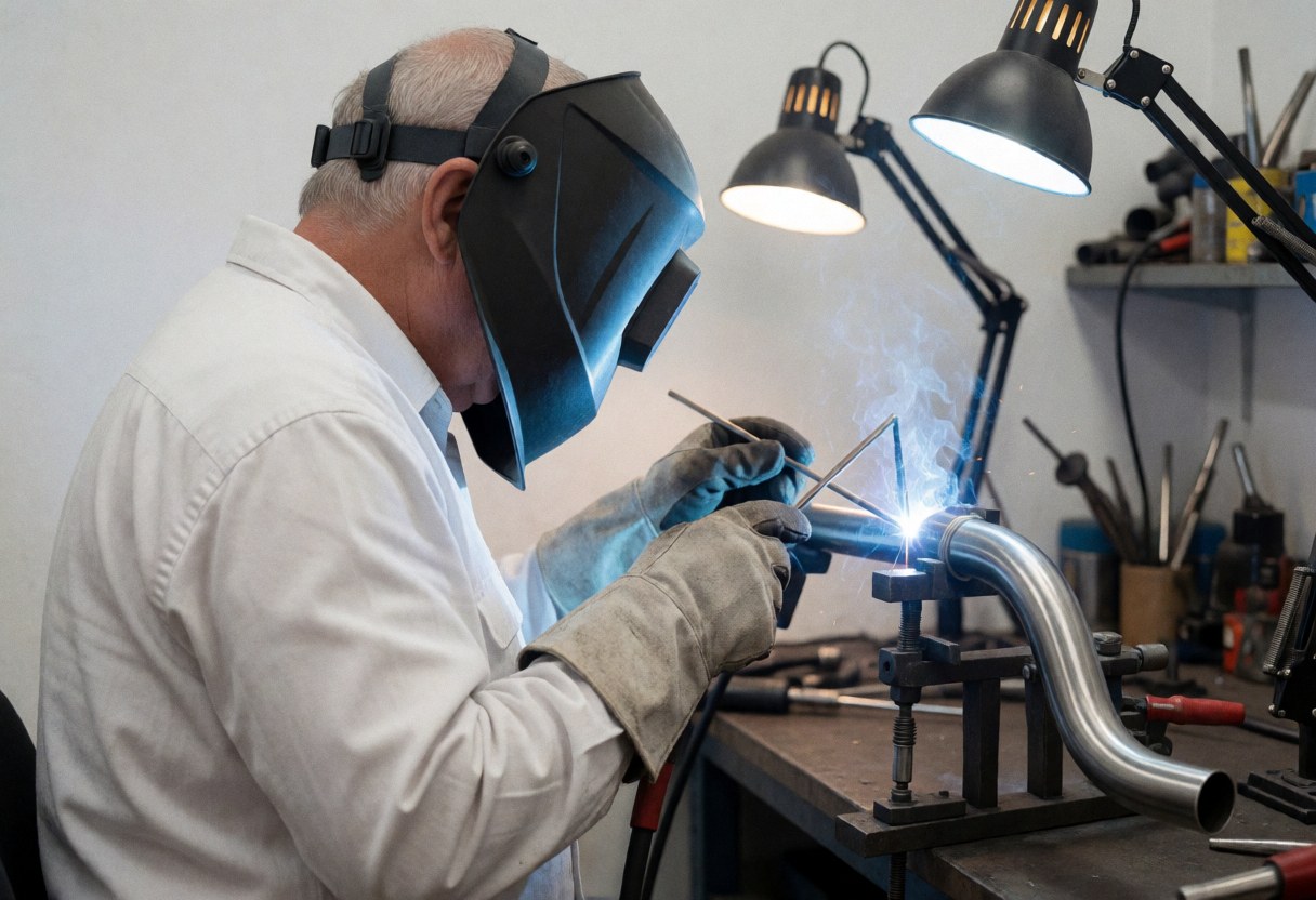 Professional welder wearing helmet and gloves welding curved pipe with bright electric arc in industrial workshop setting