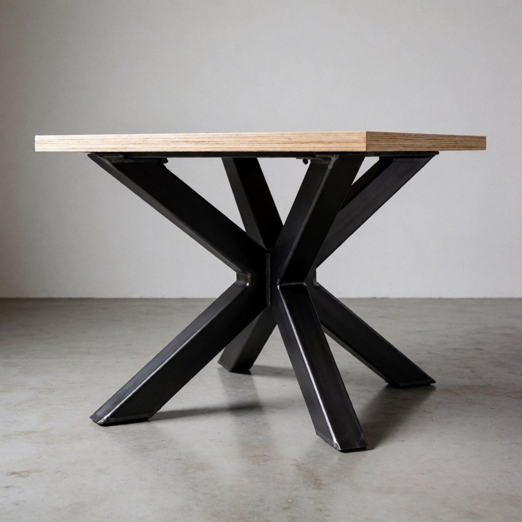 Black matte steel cross base table with light wood top on polished concrete floor for industrial product display