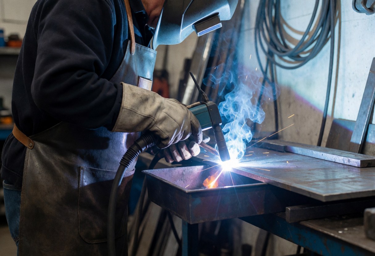 Professional welder wearing protective helmet and gloves cutting metal with a plasma torch in an industrial workshop with visible sparks and smoke