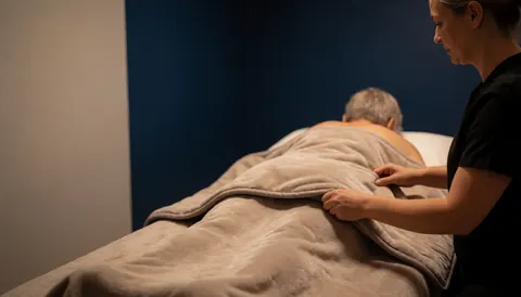 Professional therapist adjusting a thermal blanket over a client receiving a massage in a room with blue walls and warm lighting.