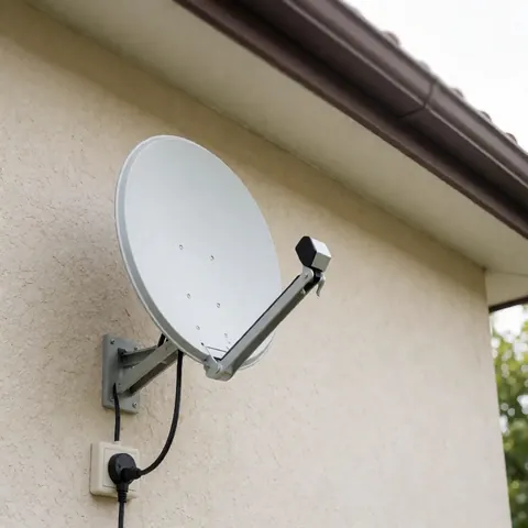 White satellite dish installed on a beige stucco exterior wall with a black cable connected to an electrical outlet under natural lighting.