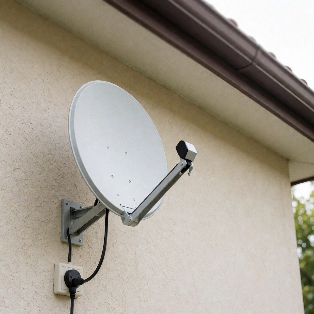 White satellite dish installed on a beige stucco exterior wall with a black cable connected to an electrical outlet under natural lighting.