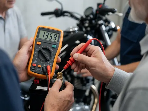 Technician using a multimeter to check motorcycle battery voltage with gloved hands and blurred background
