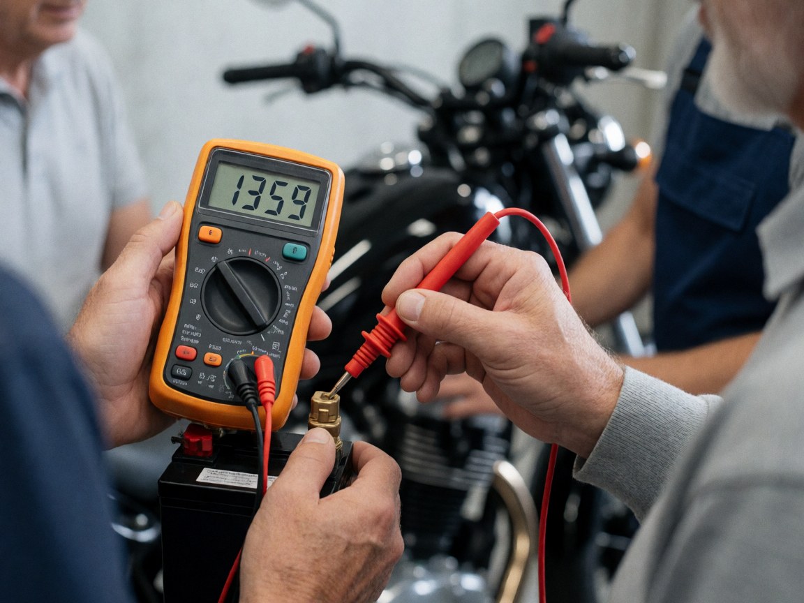Technician using a multimeter to check motorcycle battery voltage with gloved hands and blurred background