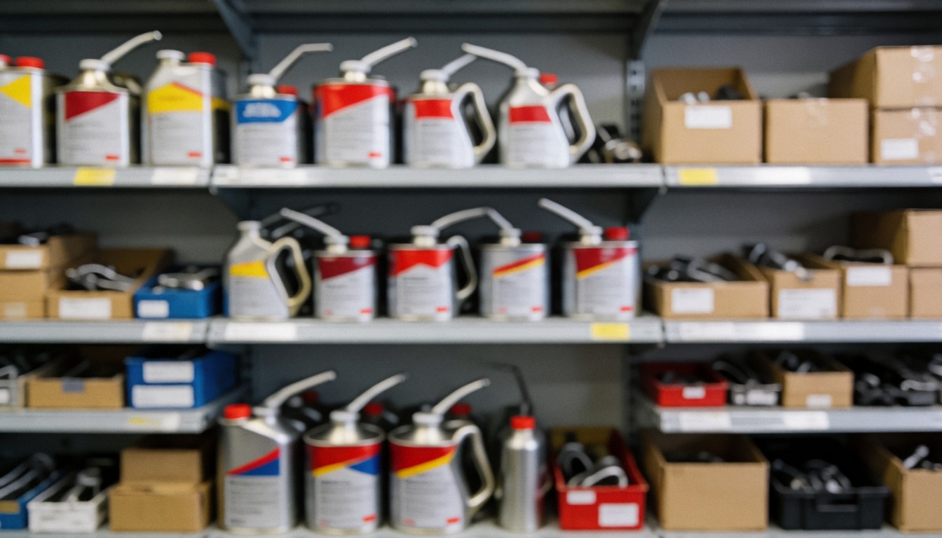 Blurred background of metal shelves stocked with oil bottles and spare parts boxes for a motorcycle repair shop, suitable for text overlay