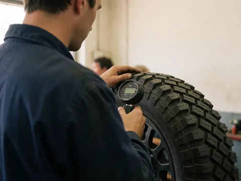Mechanic checks tire pressure with a digital gauge in a workshop