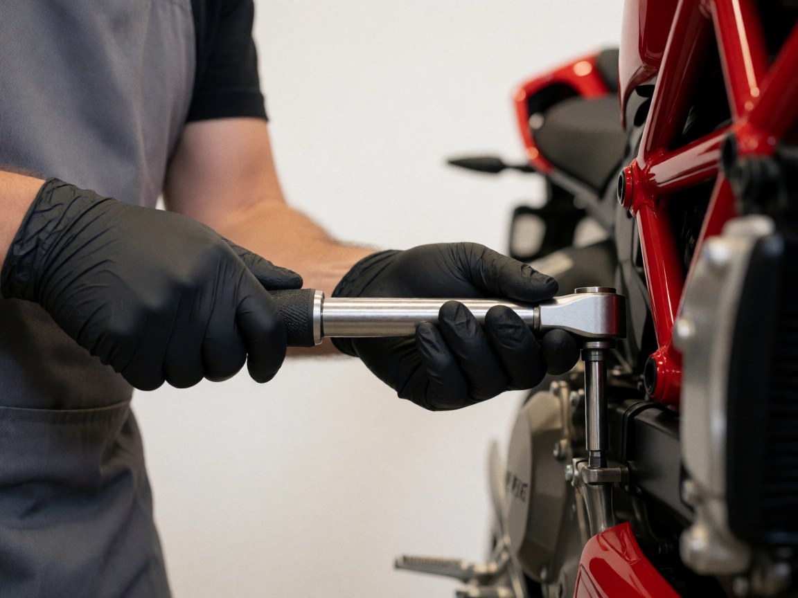 Close-up of a mechanic's gloved hand using a torque wrench to tighten a screw on a red motorcycle engine against a white background.