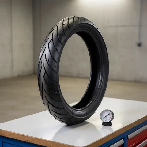 New motorcycle tire with visible tread pattern and pressure gauge on a concrete workshop workbench