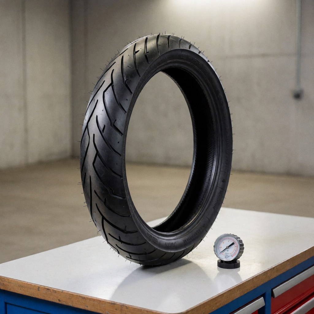 New motorcycle tire with visible tread pattern and pressure gauge on a concrete workshop workbench
