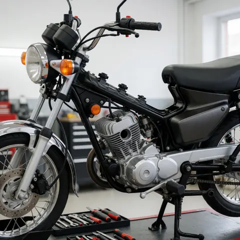 A 150cc motorcycle with its engine exposed sits in a repair shop, with tools on a workbench and a blurred white background, suitable for maintenance services.