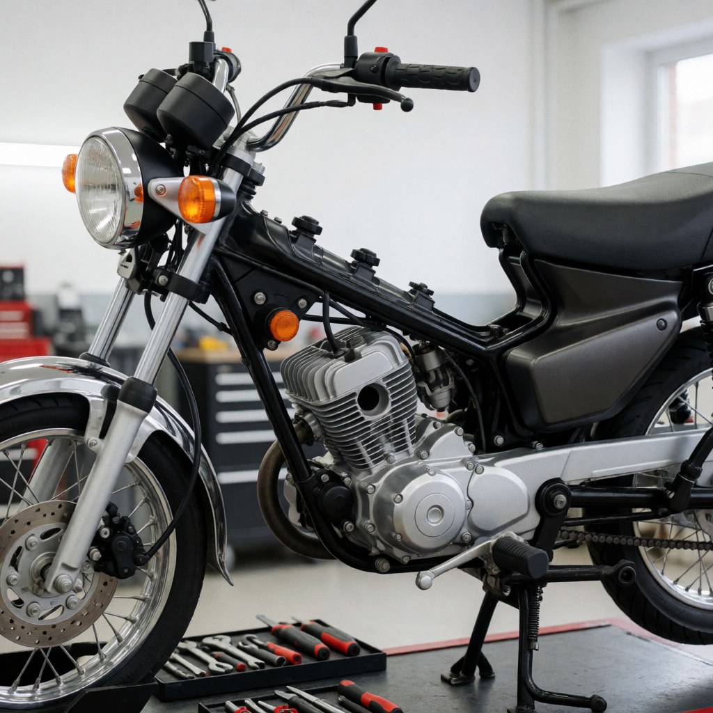 A 150cc motorcycle with its engine exposed sits in a repair shop, with tools on a workbench and a blurred white background, suitable for maintenance services.