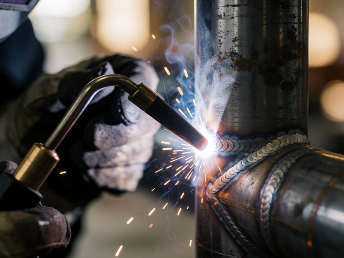 Close-up of an industrial welder wearing a leather glove, holding an electric arc with bright orange sparks inside a steel pipe against a blurred warm background.