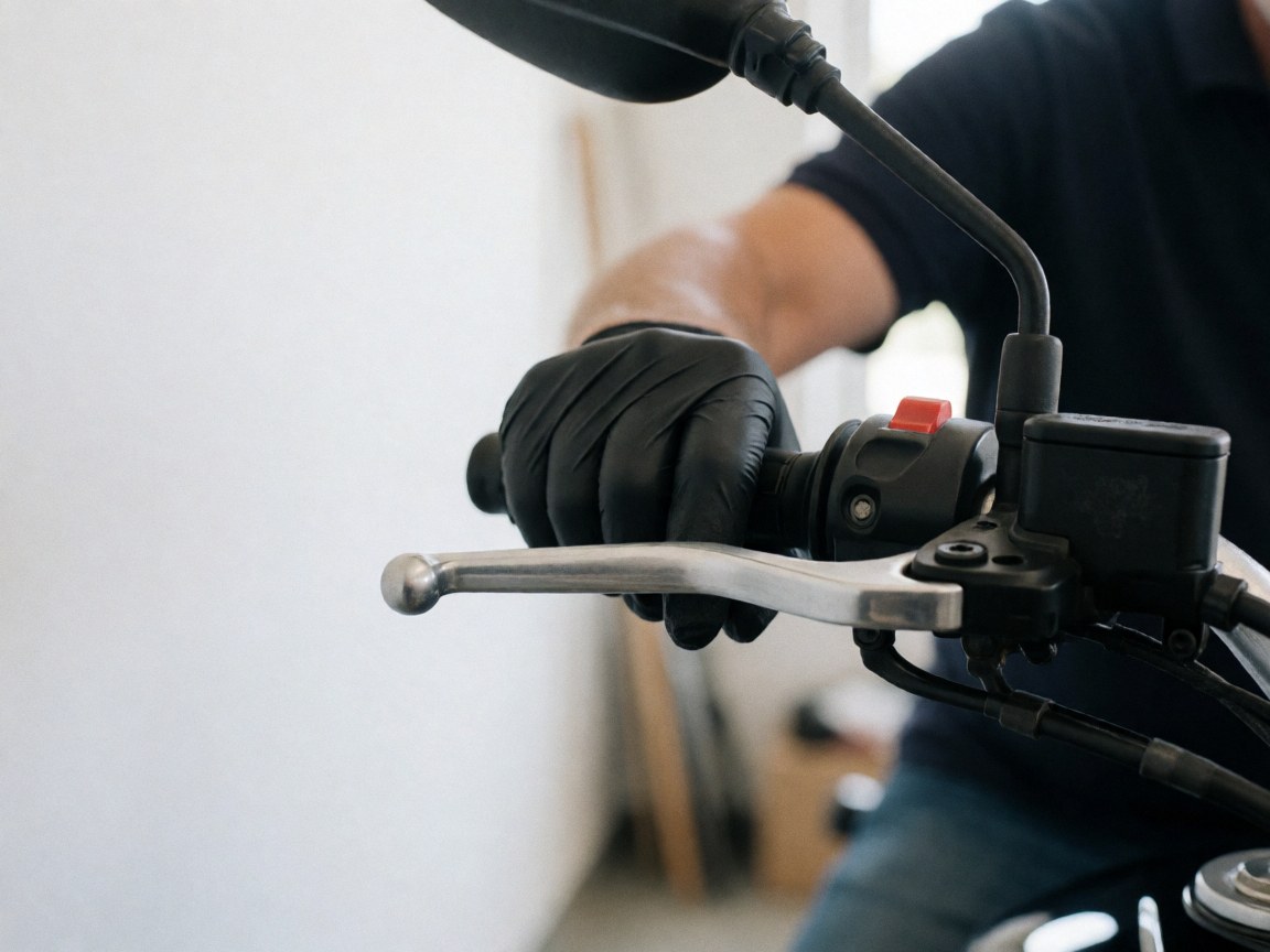 Close-up of a hand wearing a black glove adjusting a motorcycle brake lever in a workshop with blurred background and visible tools