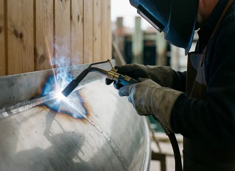 Close-up of a welder using TIG welding on a curved stainless steel section, showing bright electric arc and protective gear in an industrial setting.
