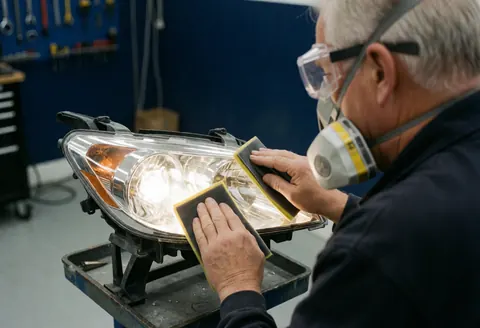 Technician wearing safety glasses and a mask polishing a headlight lens with wet sandpaper on a metal tray.