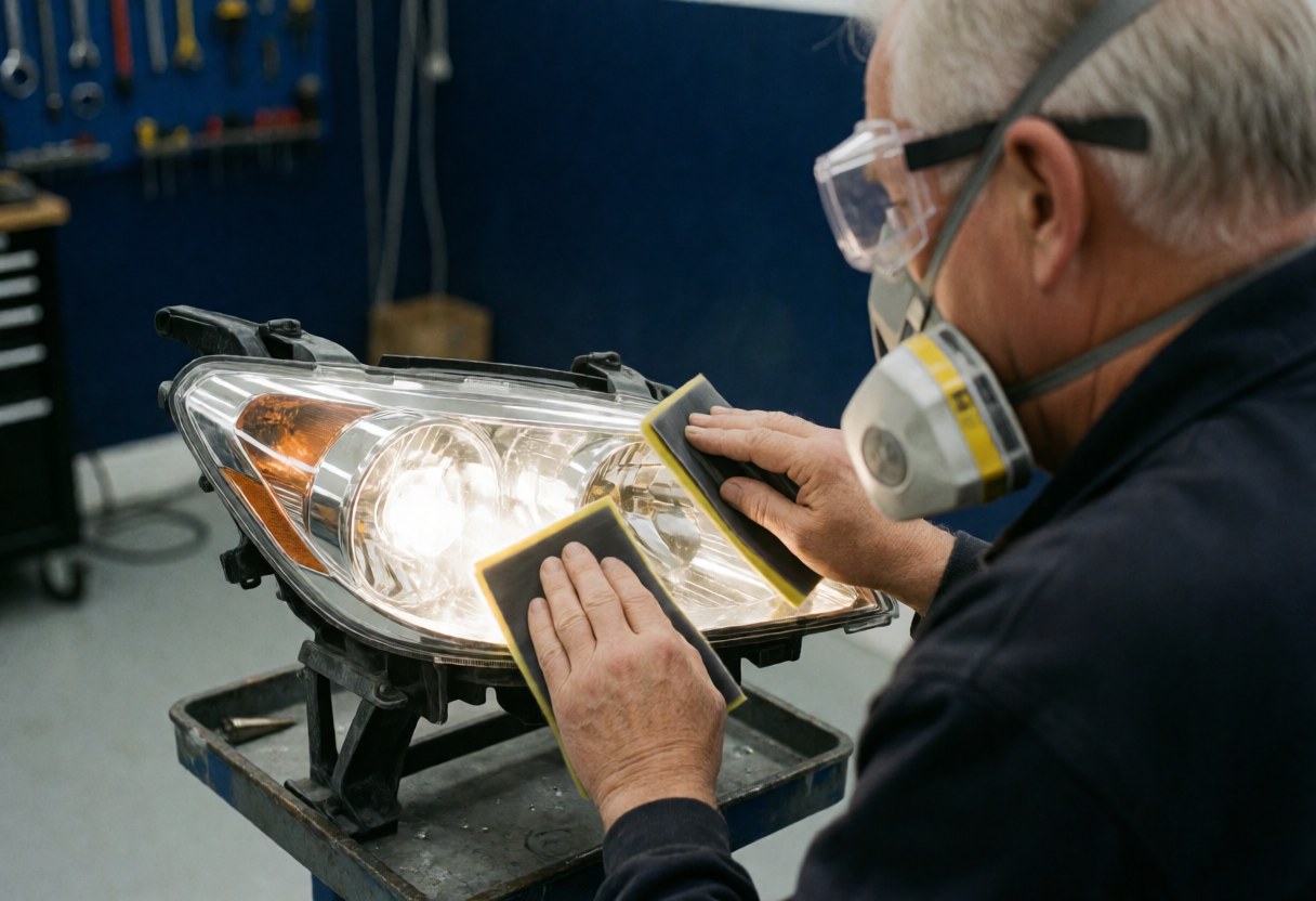 Technician wearing safety glasses and a mask polishing a headlight lens with wet sandpaper on a metal tray.