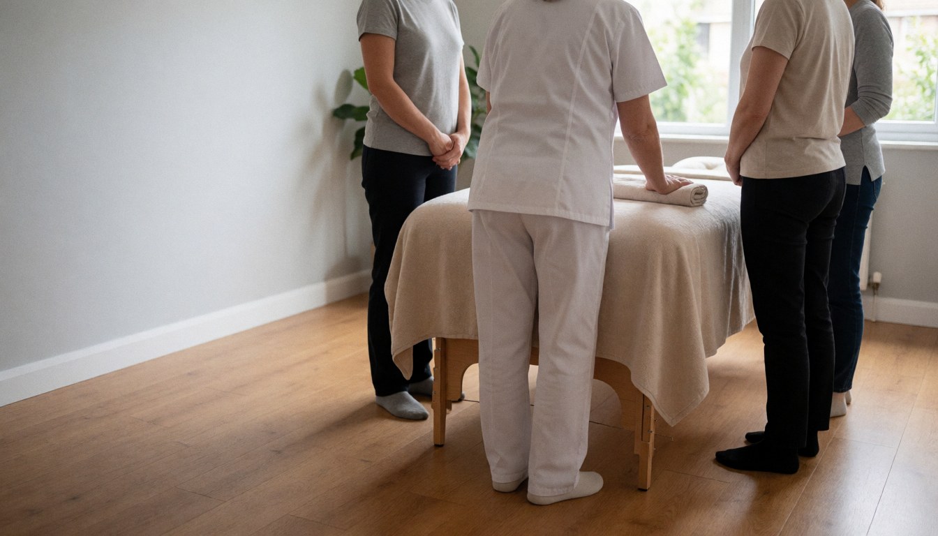 Three observers stand while a therapist in a white uniform places a towel on a beige-covered massage table in a room with wood floors and gray walls.