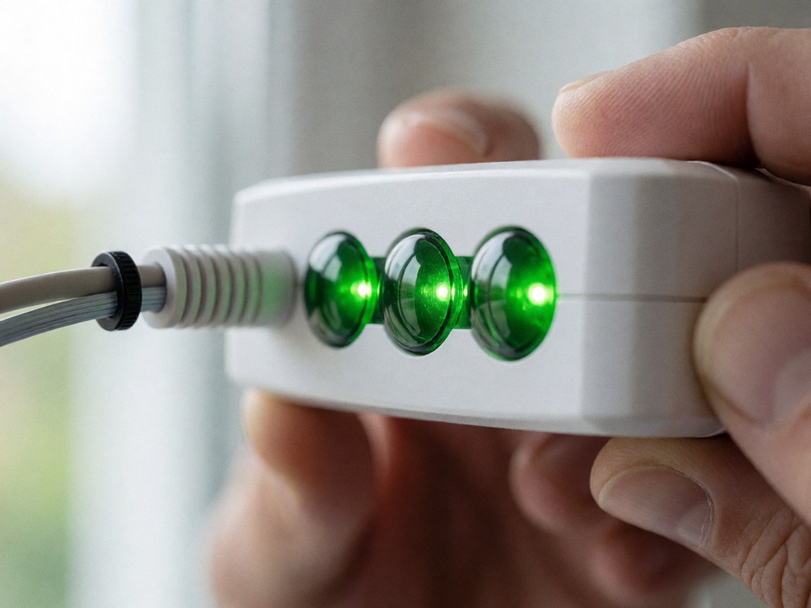 Close-up of a technician's hand holding a white antenna signal booster with three illuminated green LEDs and a connected fiber optic cable secured by a black tie against a blurred natural background.