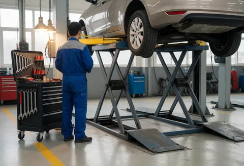 Mechanic in blue uniform standing near a tool cart with wrenches in a clean auto repair shop with a car on a hydraulic lift.