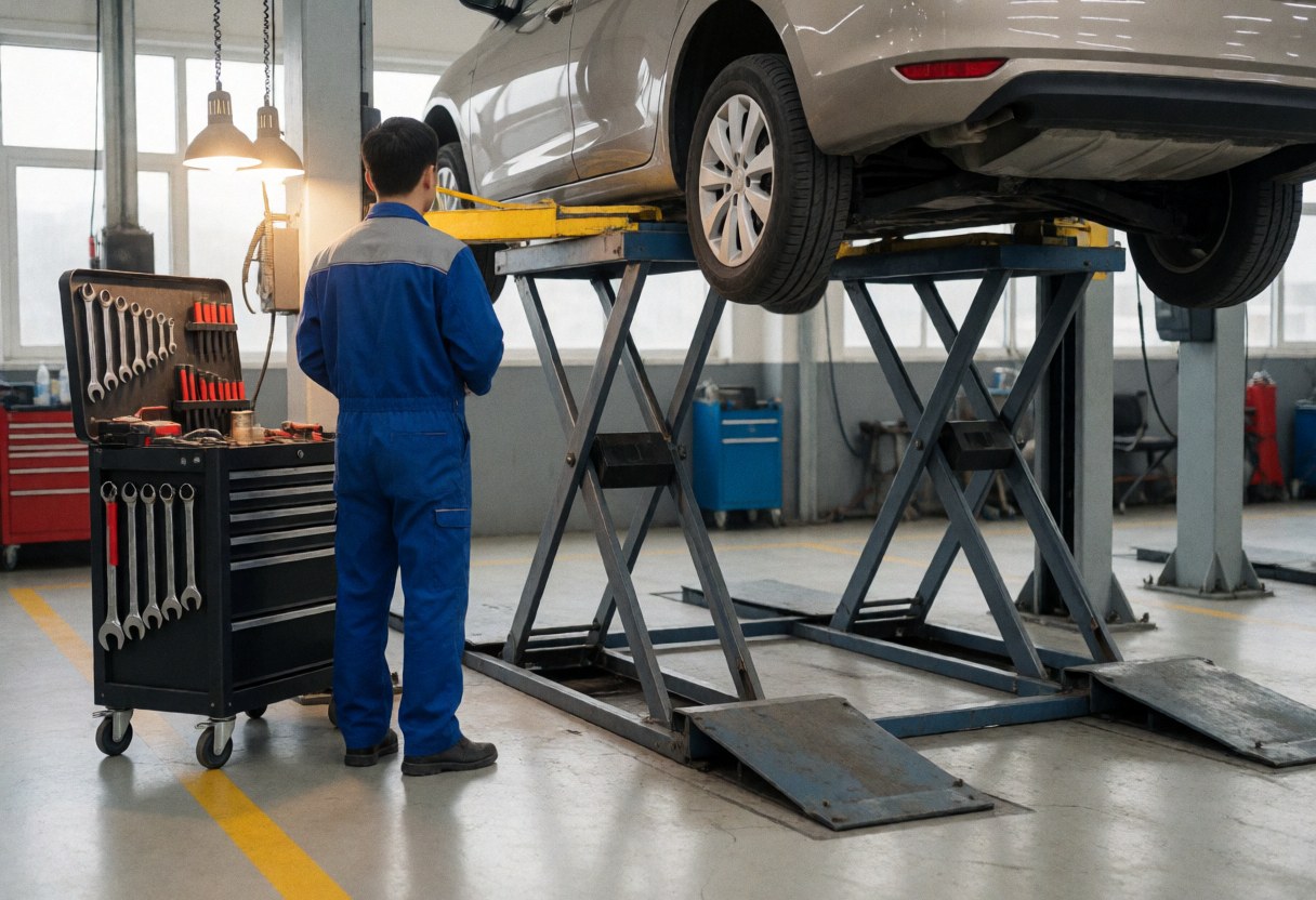 Mechanic in blue uniform standing near a tool cart with wrenches in a clean auto repair shop with a car on a hydraulic lift.